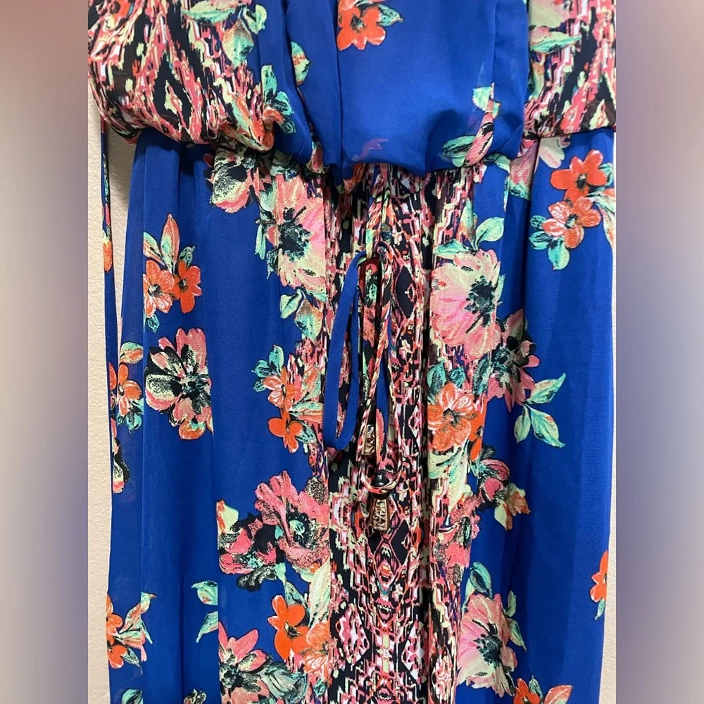 City Studio Blue & Red Floral Long Summer Beach Vacation Maxi Dress - Picture 4 of 7